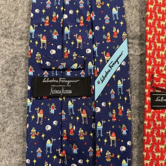 Salvatore Ferragamo Silk Ties Mens Lot 2 Red Reindeer Nativity Christmas Italy